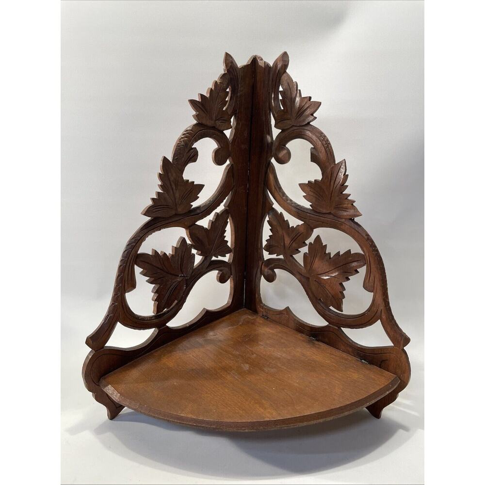 Victorian Walnut Corner / Wall Shelf 19.5" Hand Carved Leaves 1-Tier Knickknack